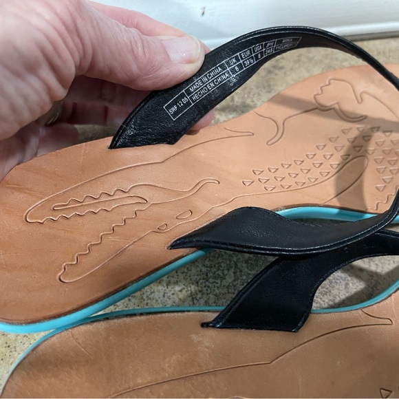 Lacoste Black leather sandals with turquoise bottom with kitten heel.  Size 8 - Picture 3 of 4
